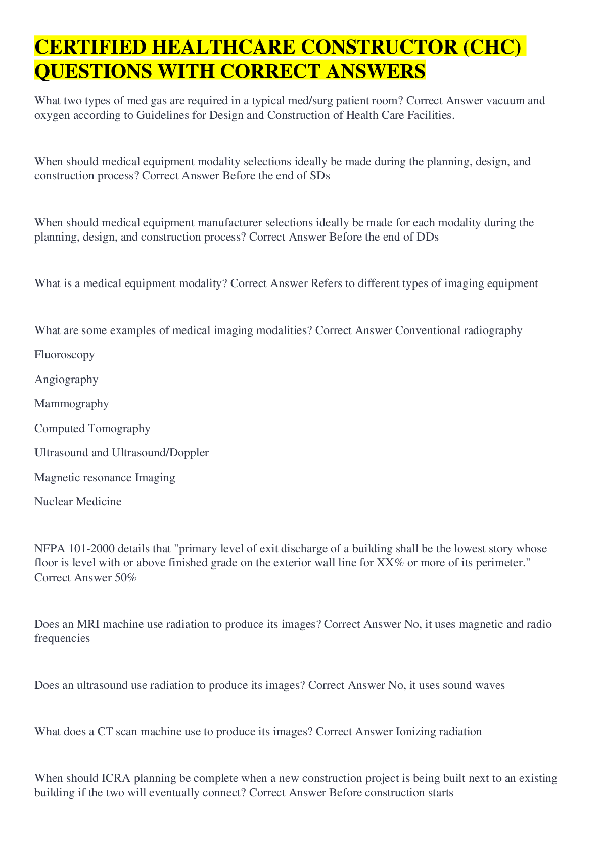 Preview of CERTIFIED HEALTHCARE CONSTRUCTOR (CHC) QUESTIONS WITH CORRECT ANSWERS